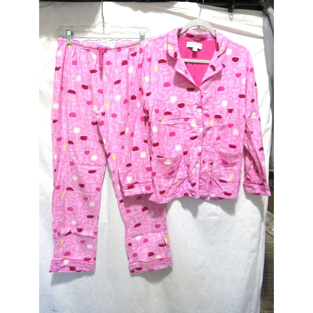 Live Love Lounge Size Small Pink Rose All Day Wine Glasses Flannel Pajama Set